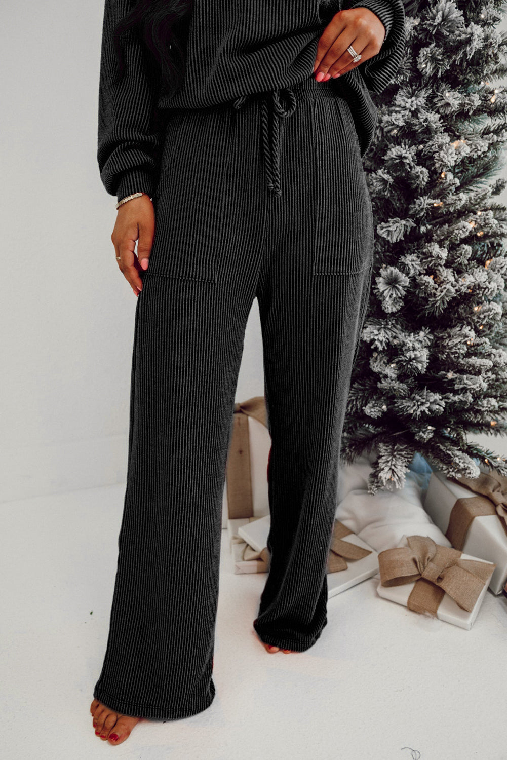 Black MERRY Corded Long Sleeve Top and Pockets Pants Set