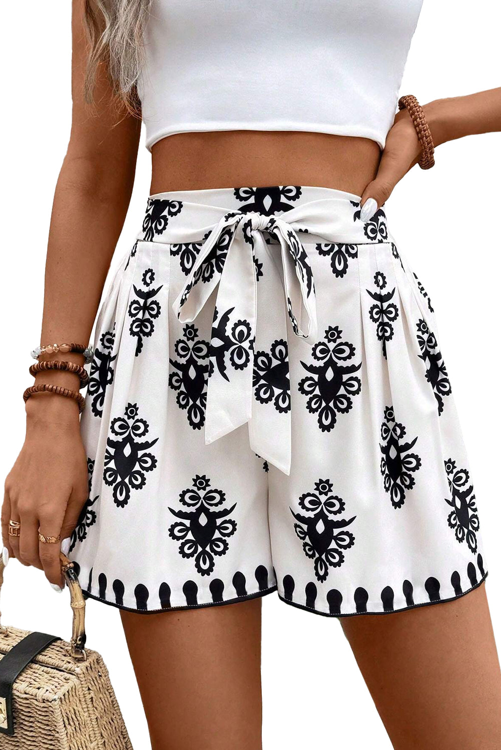 Beige Geometric Printed Sleeveless Hollowed Bowknot Back Mini Dress