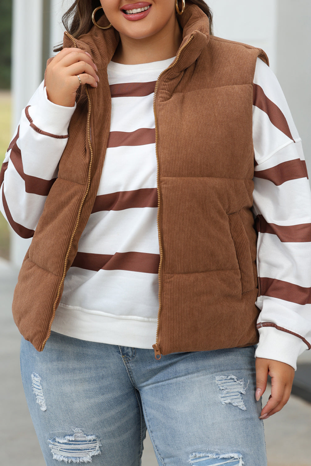 Beige Corduroy Stand Neck Zipped Puffer Vest