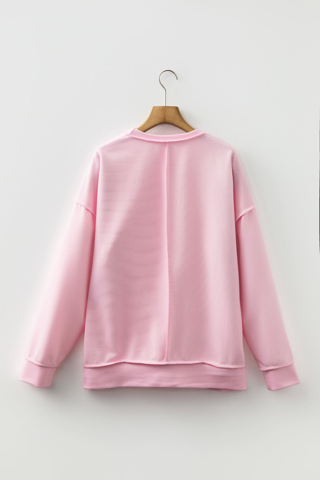 Pink Exposed Seam Ribbed Texture Sequin Love Cake Bow Graphic Long Sleeve Top