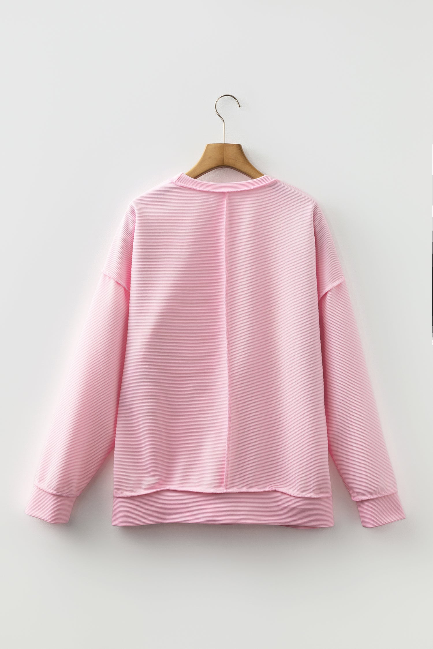 Pink Exposed Seam Ribbed Texture Sequin Love Cake Bow Graphic Long Sleeve Top