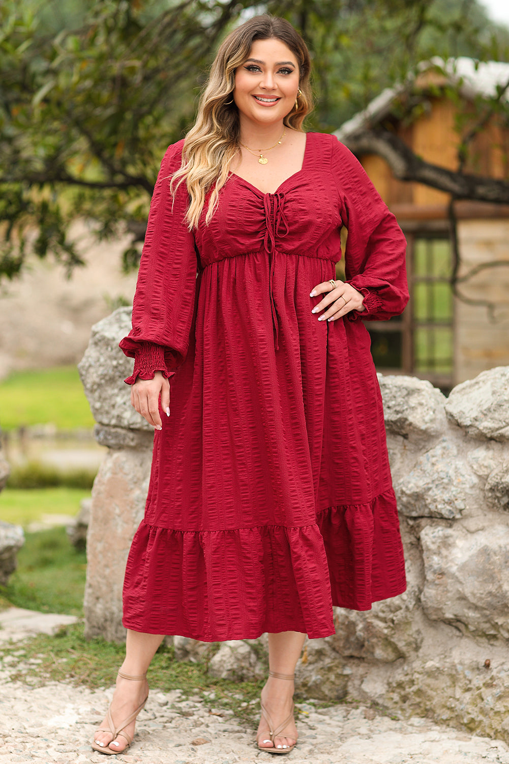 Black Lace-up Ruched Front Long Sleeve Ruffle Hem Plus Size Midi Dress