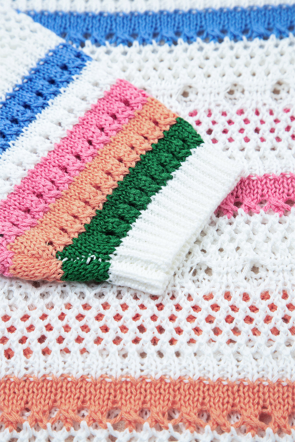 White Color Block Striped Pointelle Knit Sweater