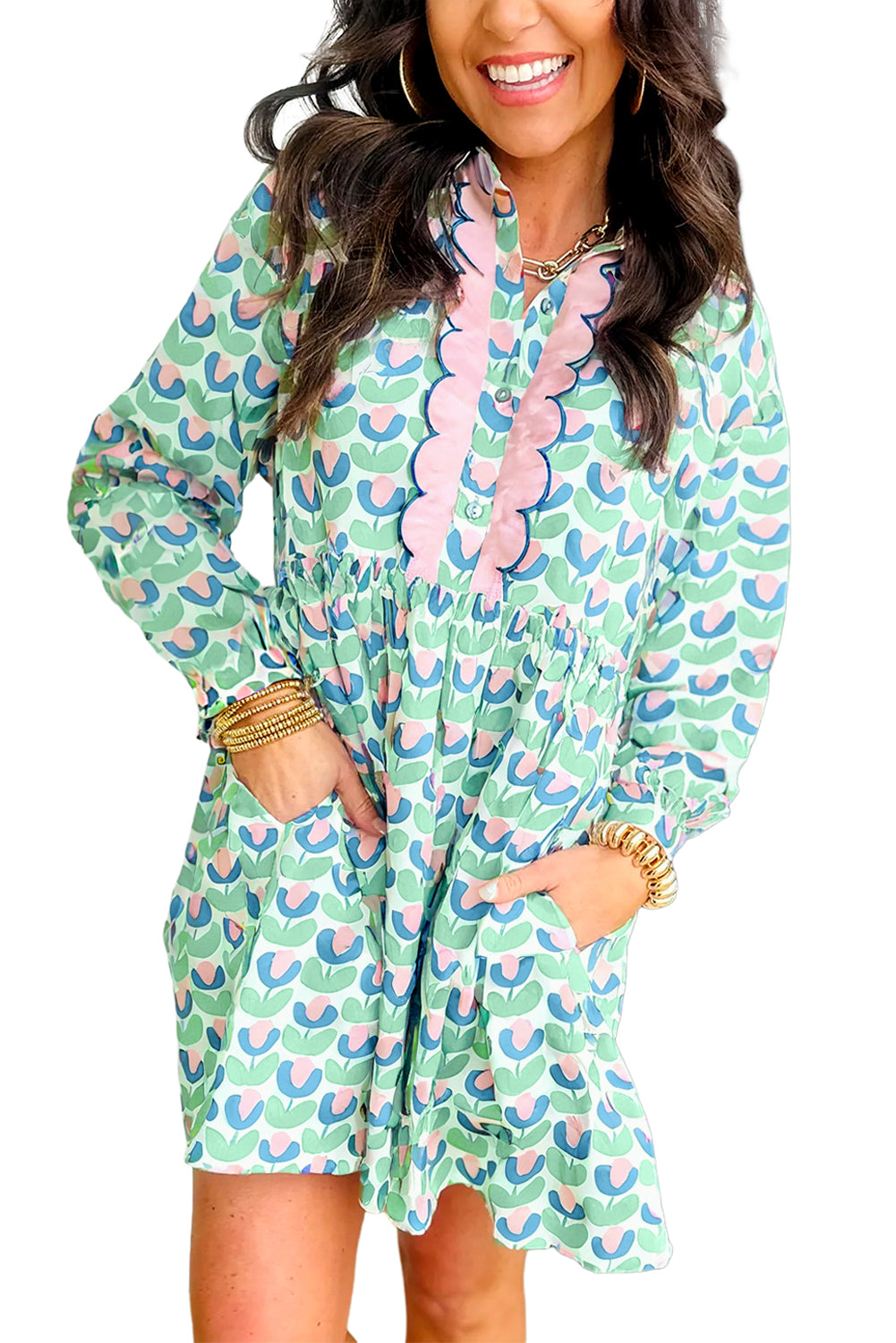 Green Floral Print Notched Neck Scalloped Detail Long Sleeve Mini Dress