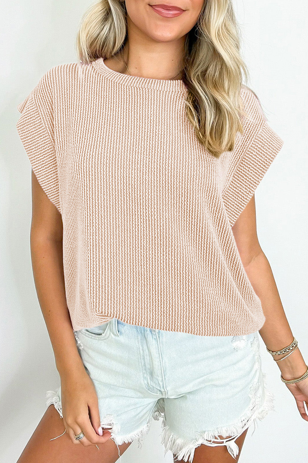 Gray Twisted Rib Wide Sleeve Crew Neck T Shirt