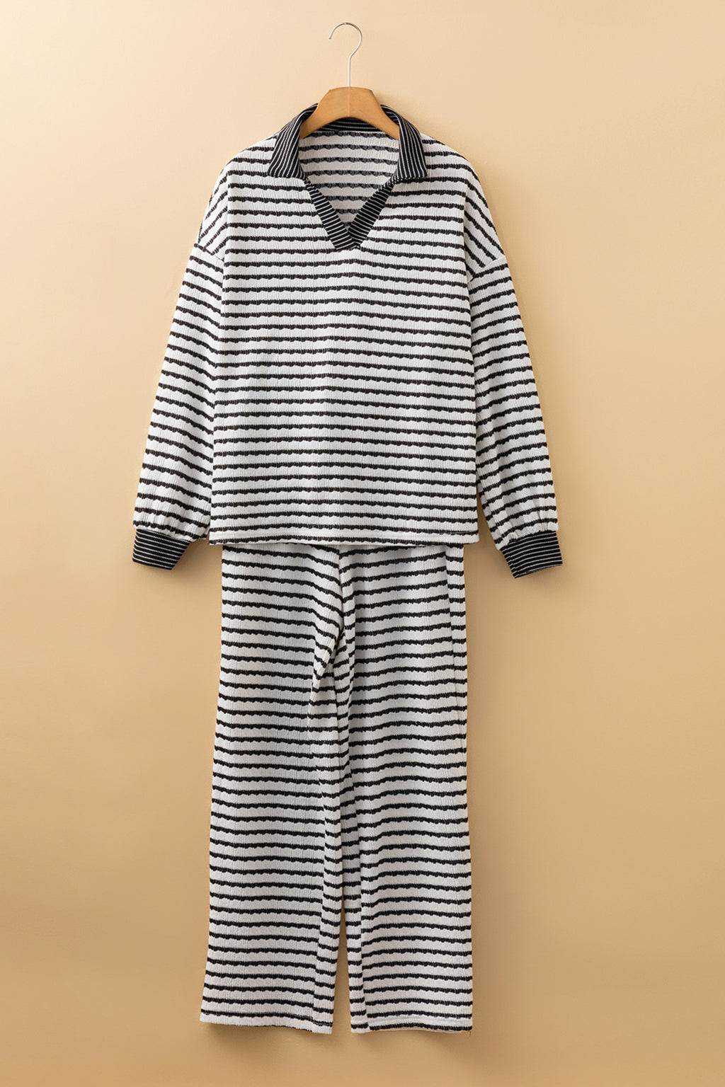 Khaki Stripe Plus Size Collared V Neck Loose Pullover Drawstring Elastic Waist Wide Leg Pant Set