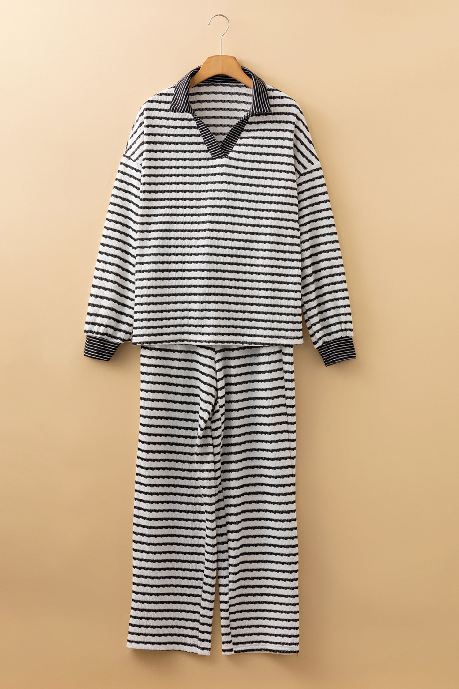 Khaki Stripe Plus Size Collared V Neck Loose Pullover Drawstring Elastic Waist Wide Leg Pant Set