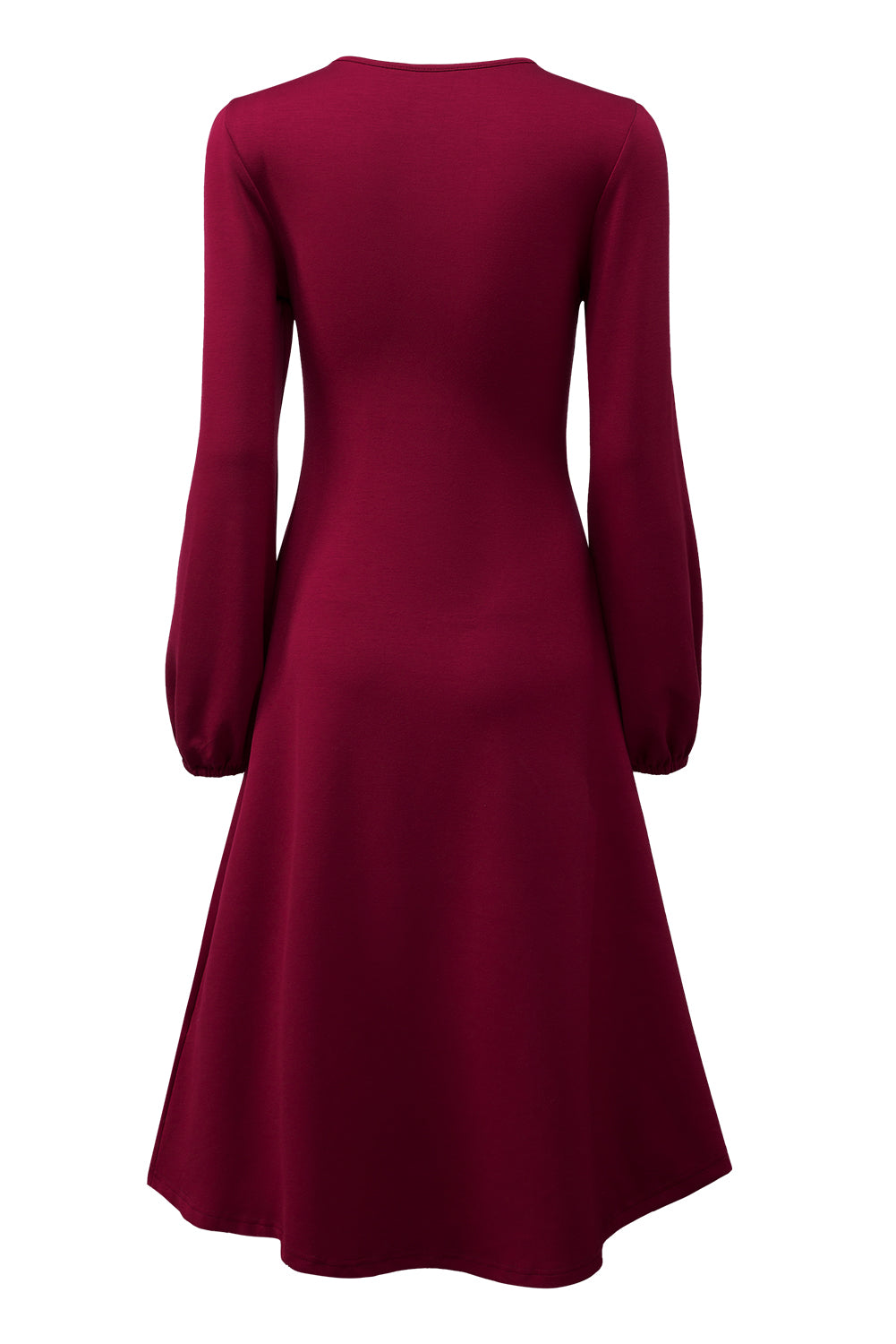 Fiery Red Solid Color Ruched Detail Long Sleeve Midi Dress