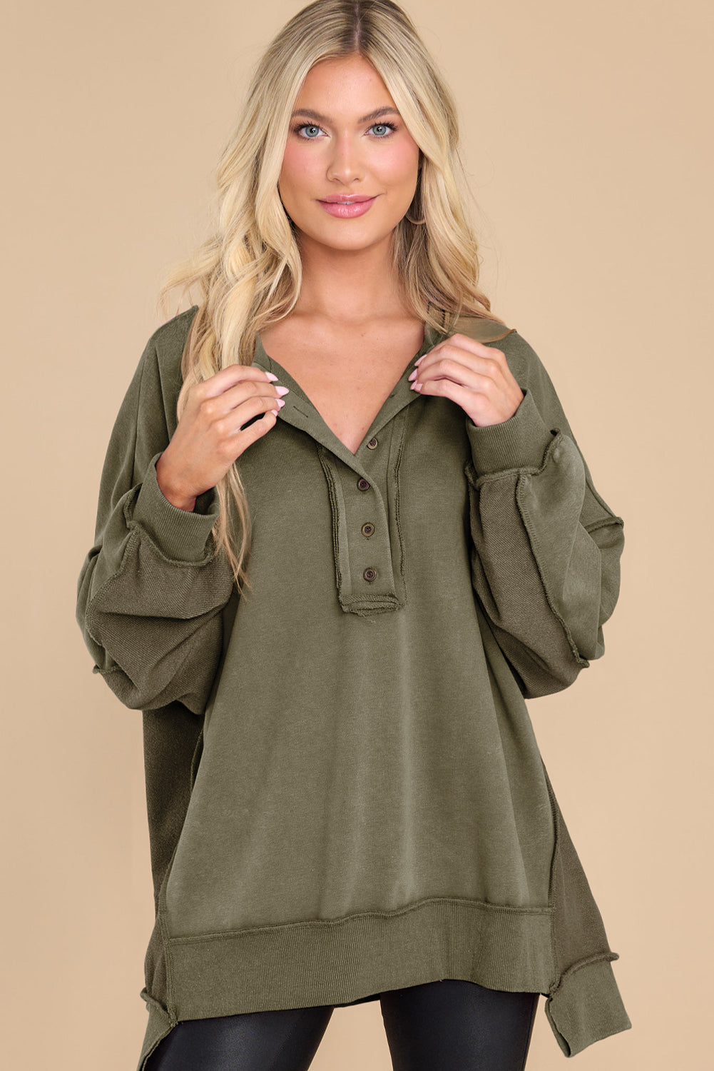 Green Oversized Exposed Seam Henley Sweatshirt
