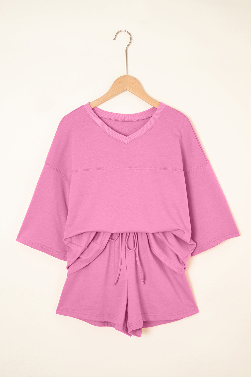 Meadow Mist Green Solid Loose V Neck Half Sleeve Tee and Shorts