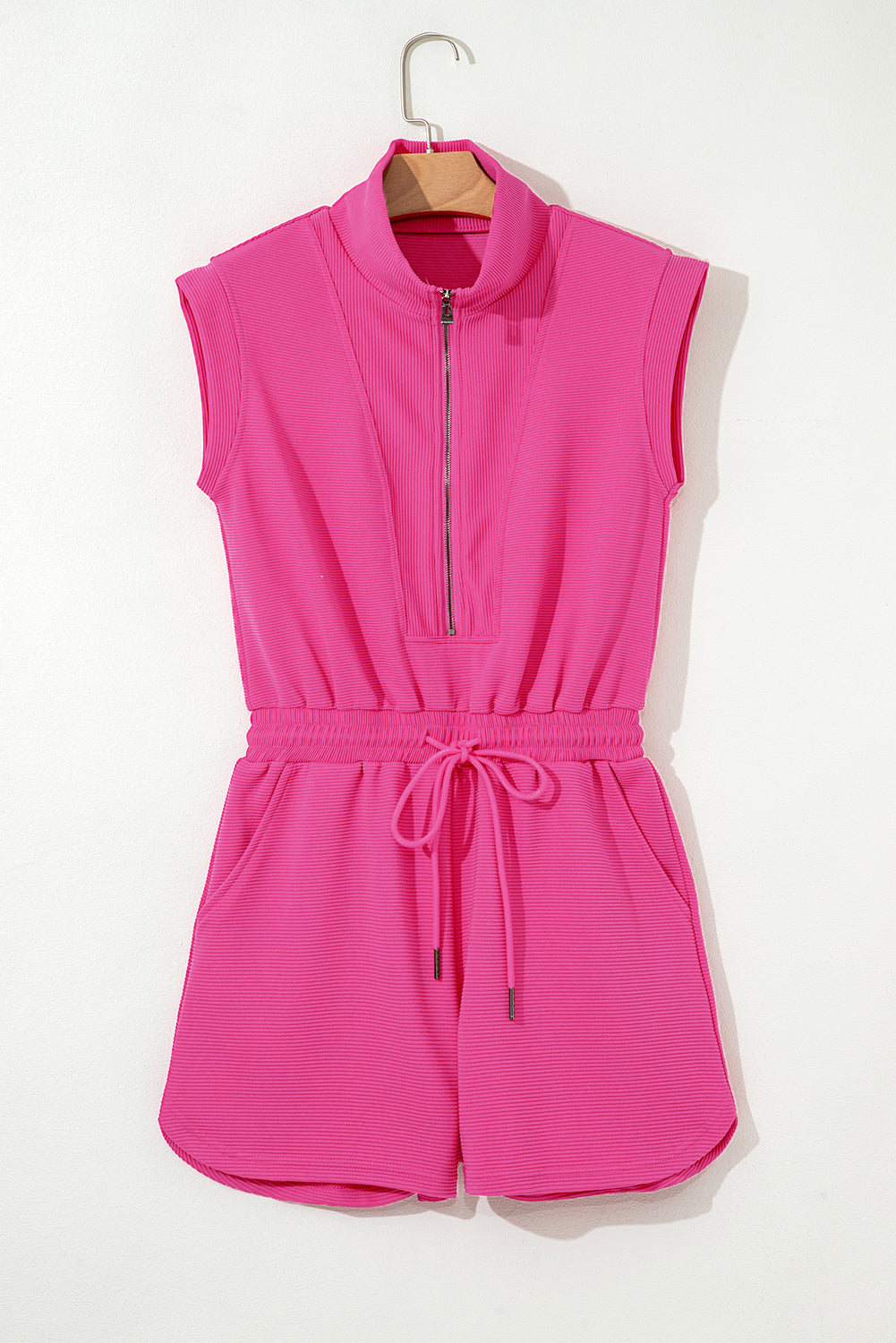 Bright Green Textured Short Sleeve Half Zip Drawstring Elastic Waistband Romper