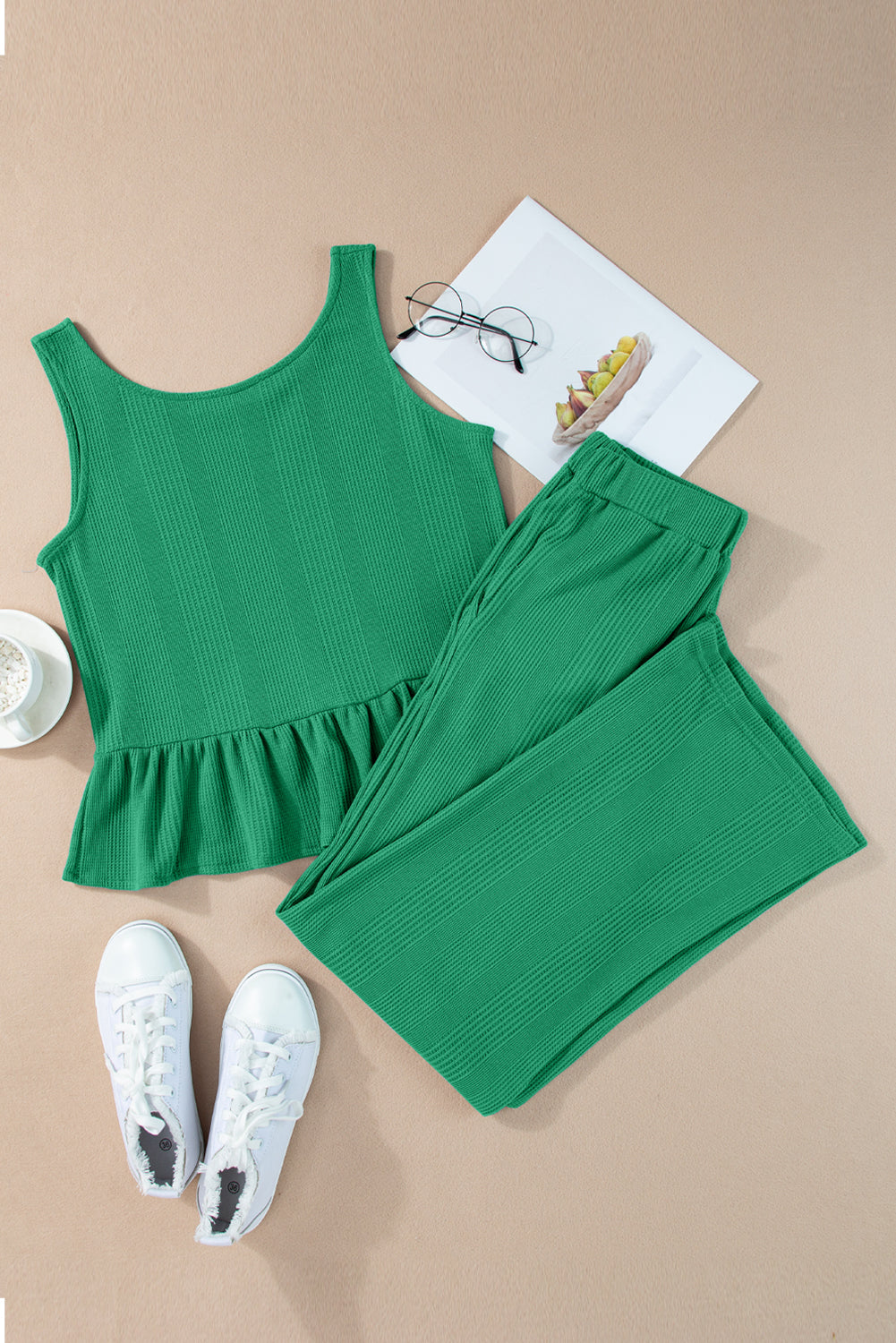 Beau Blue Solid Color Ribbed Ruffle Tank Top and Pants Set