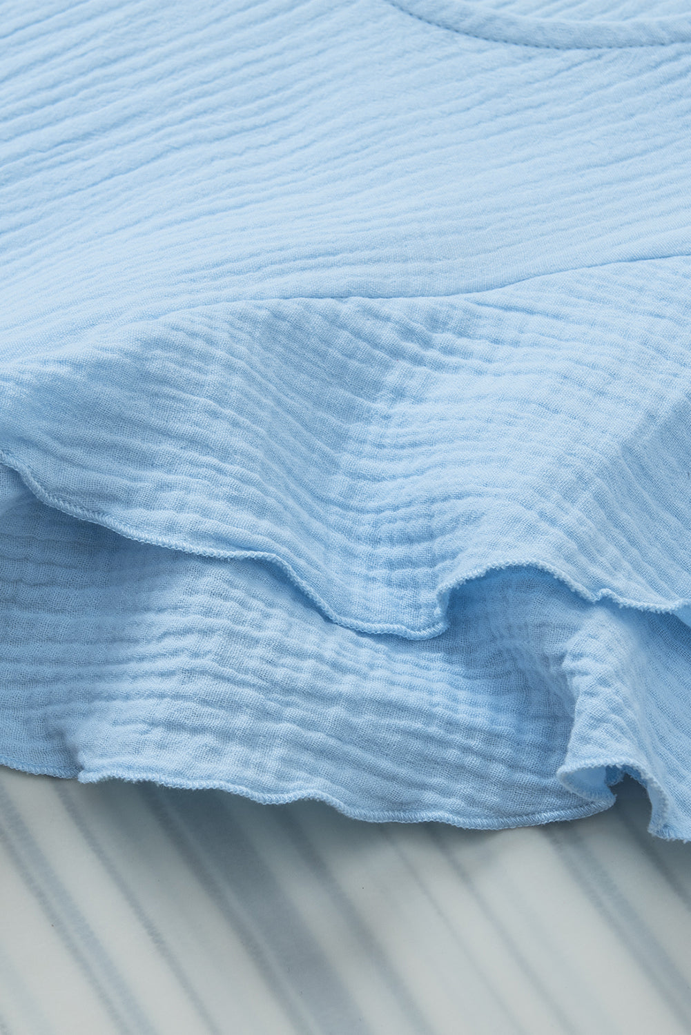 Light Blue Crinkled Cotton Gauze Ruffle Sleeve Blouse