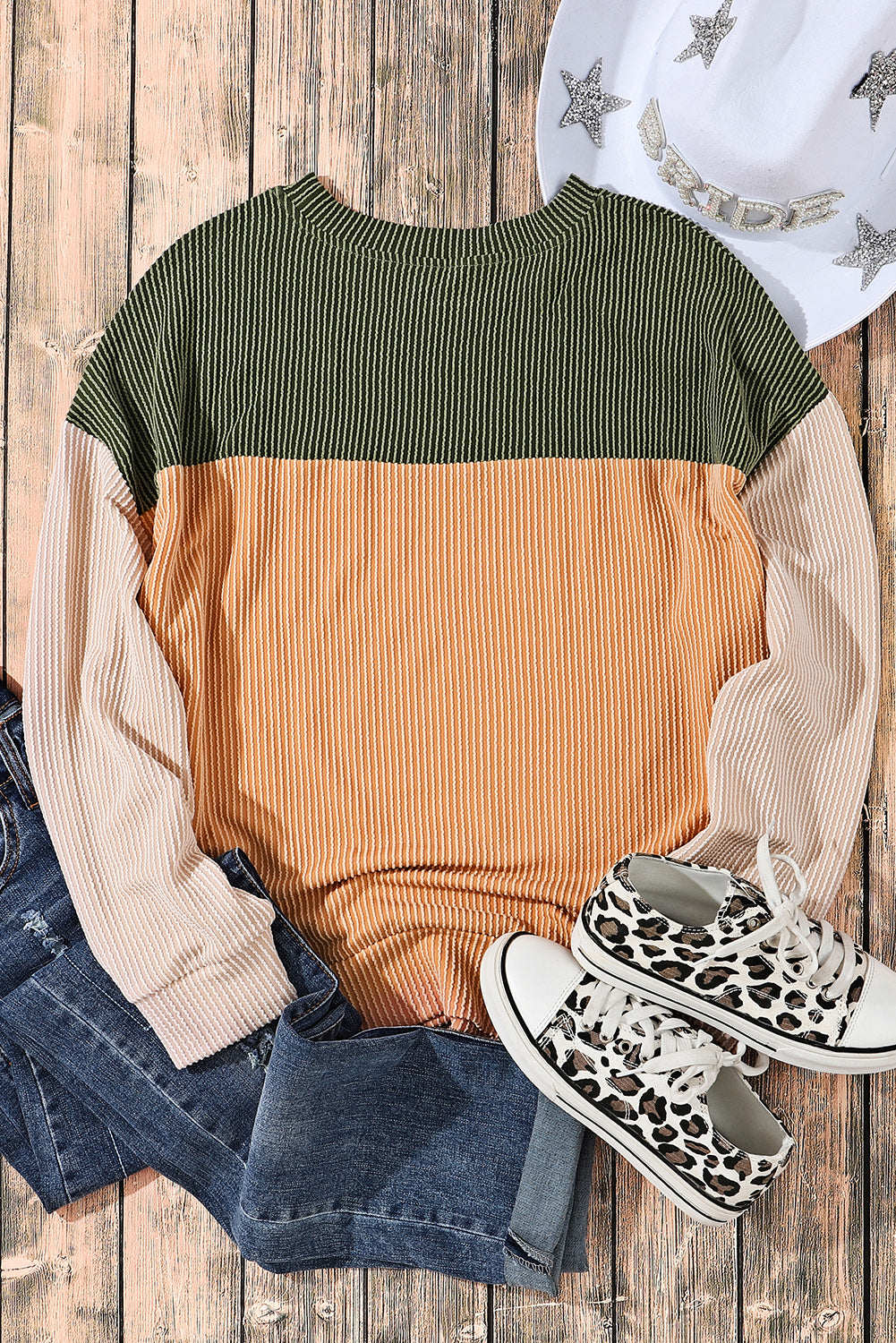 Pale Chestnut Color Block Corded Long Sleeve Top