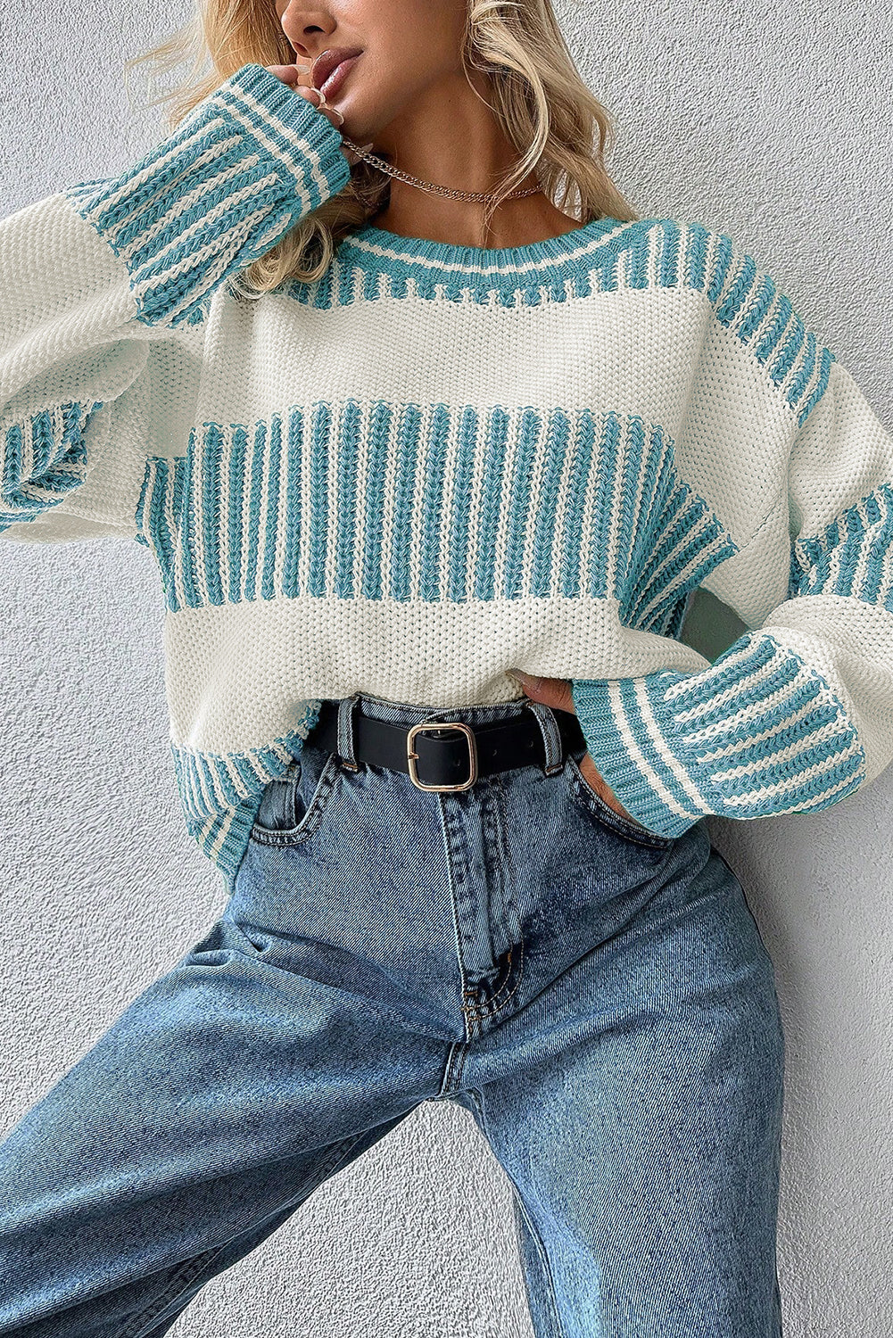 Khaki Two Tone Striped Patchwork Drop Shoulder Loose Sweater