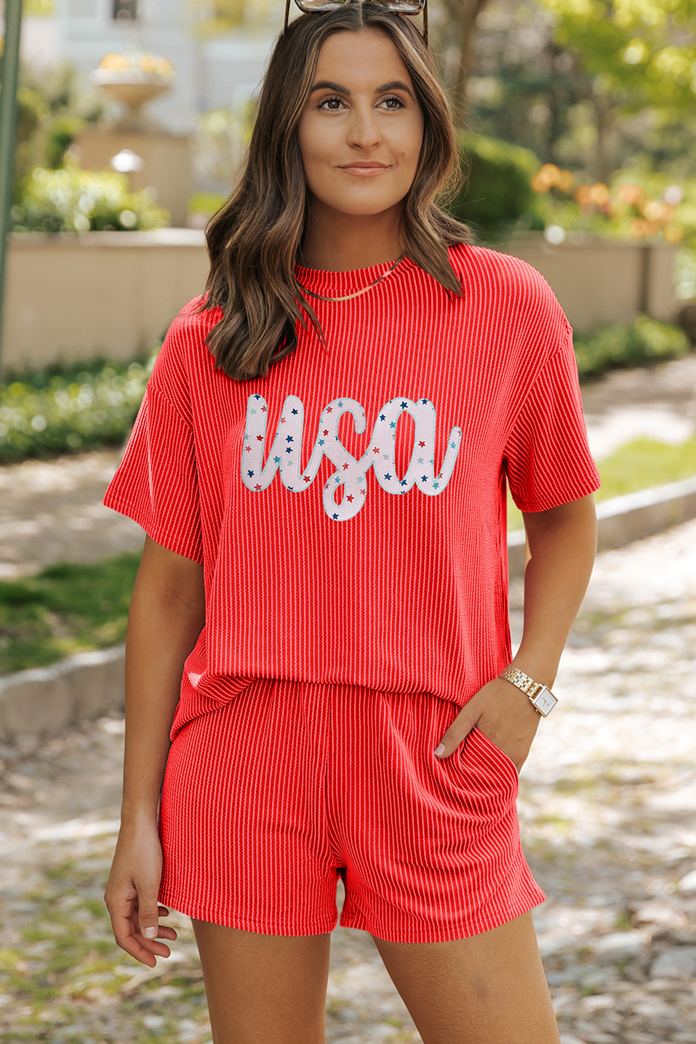 Orange Star USA Embroidered Corded T Shirt and Shorts Set
