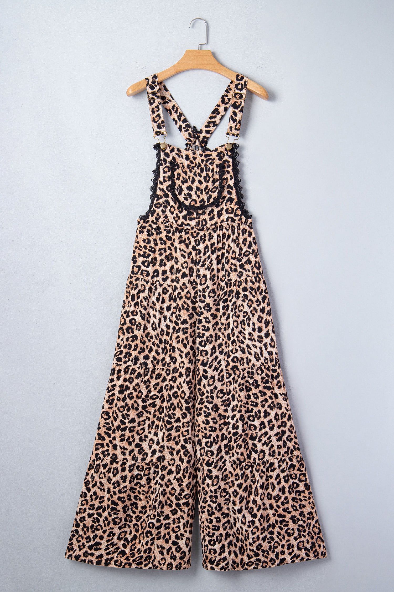 Khaki Cheetah Printed Contrast Lace Detail Ruffled Wide Leg Jumpsuit