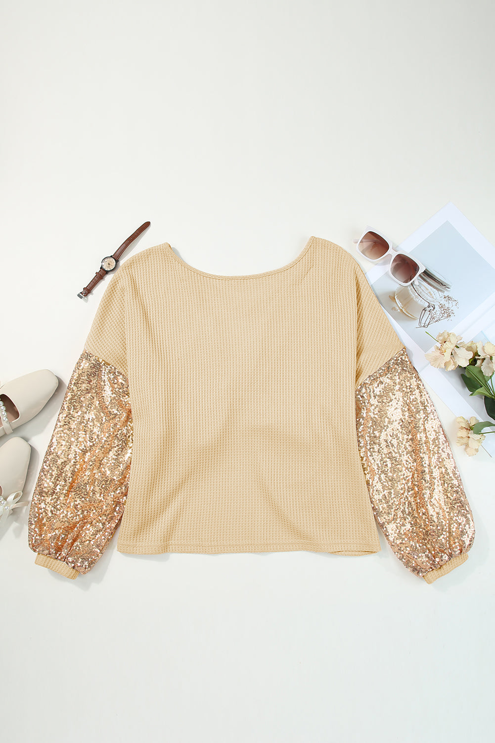 Black Sequin Patchwork Sleeve Open Back Waffle Knit Top