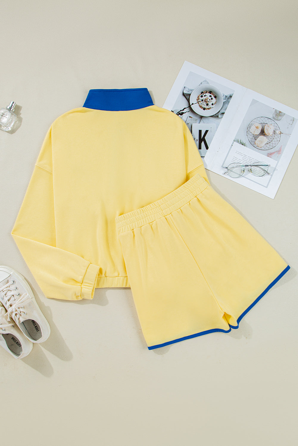 Red Dahlia Color Block Patchwork Half Button Pullover and Shorts 2pcs Outfit