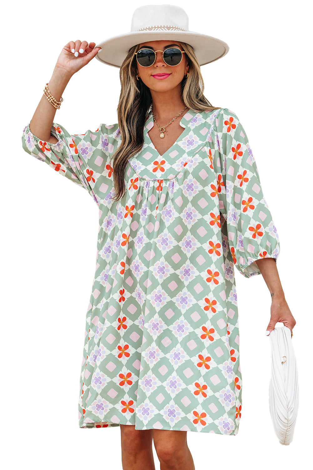 Green Geometric Floral Print Layered Flutter Sleeve V Neck Ric Rac Trim Blouse