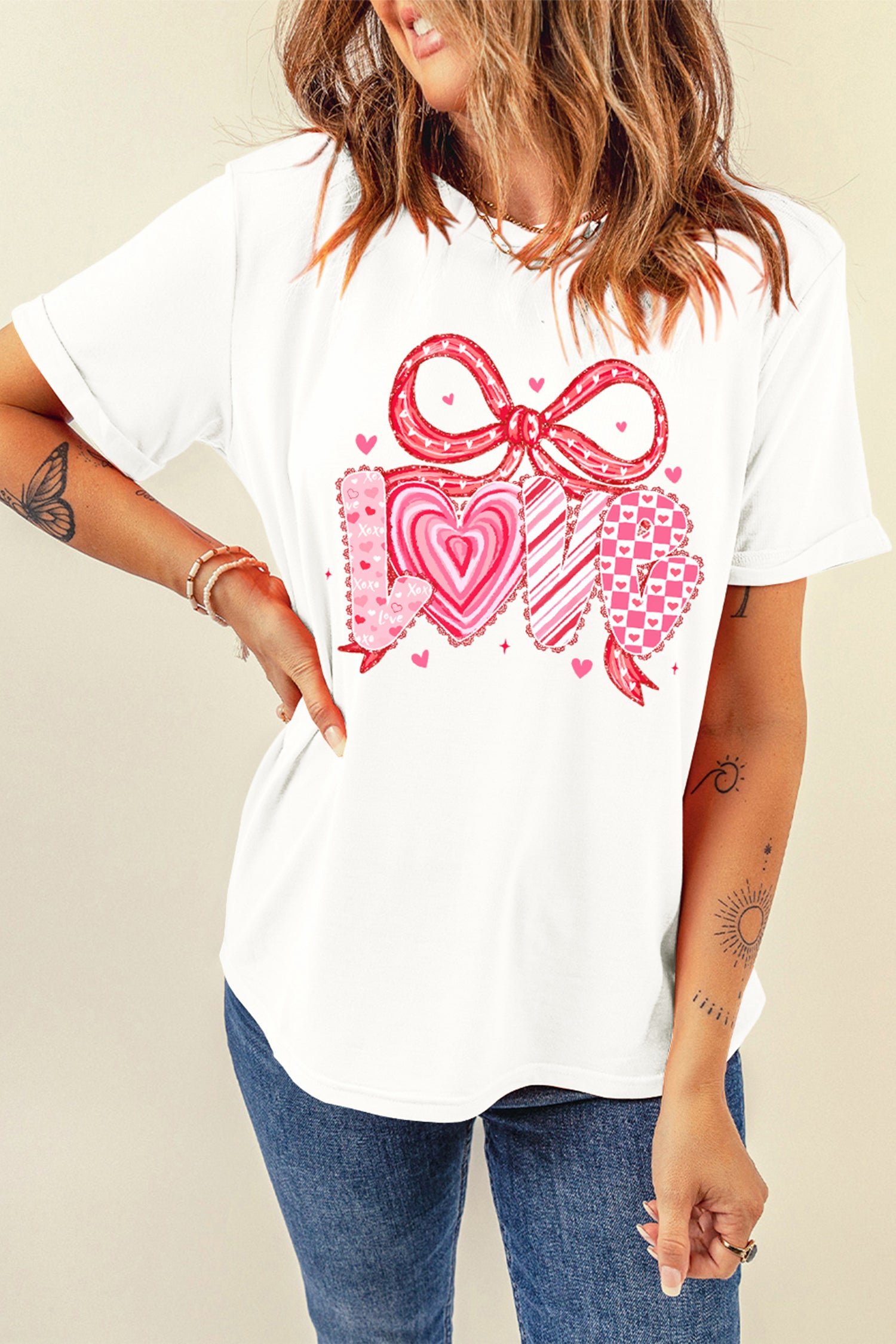 White Sweet LOVE Ribbon Bow Printed Valentines Day T Shirt