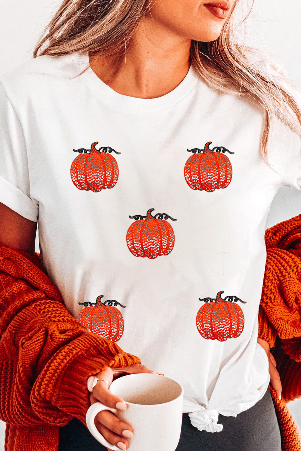 White Colorful Pumpkin Sequin Patched Drop Shoulder Sweatshirt
