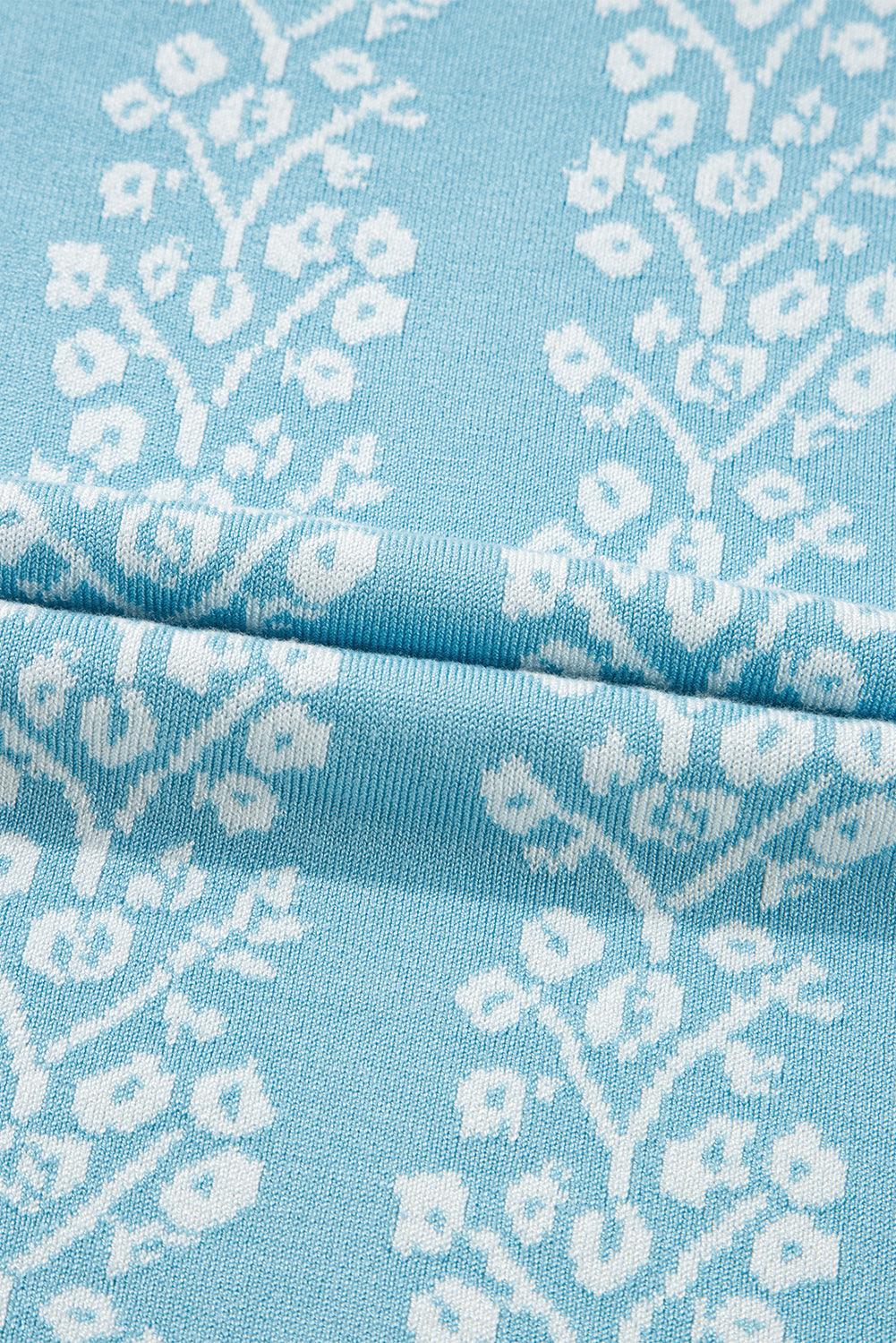Sky Blue Contrast Floral Crewneck Short Sleeve Sweater