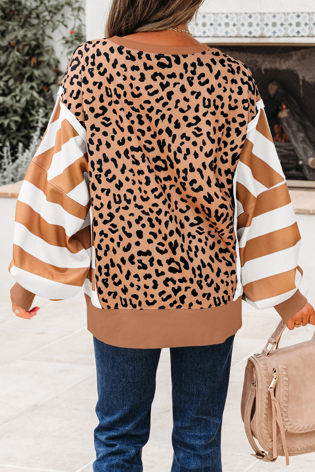 Khaki Leopard Striped Patchwork Plus Size Loose Sweatshirt