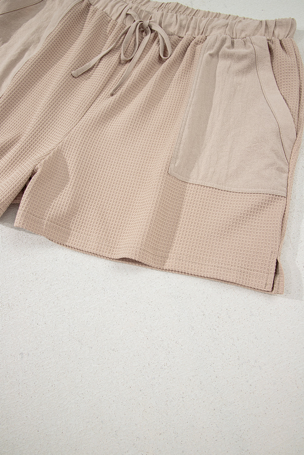 Parchment Waffle Short Sleeve Henley Top Drawstring Shorts Plus Size Set