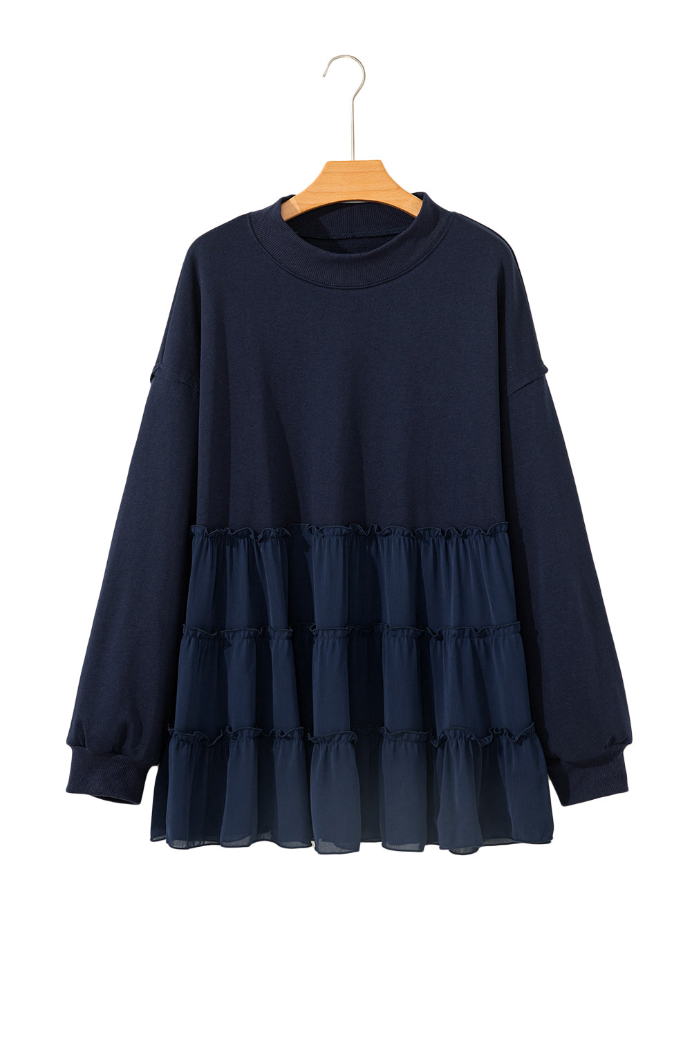 Pink Tiered Ruffle Ribbed Crew Neck Pullover Plus Size Top