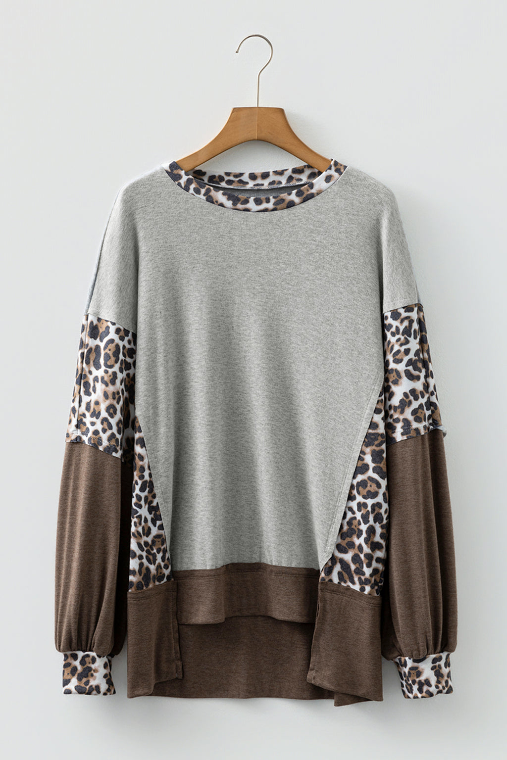 Gray Plus Size Leopard Color Block Patchwork Dolman Sweatshirt