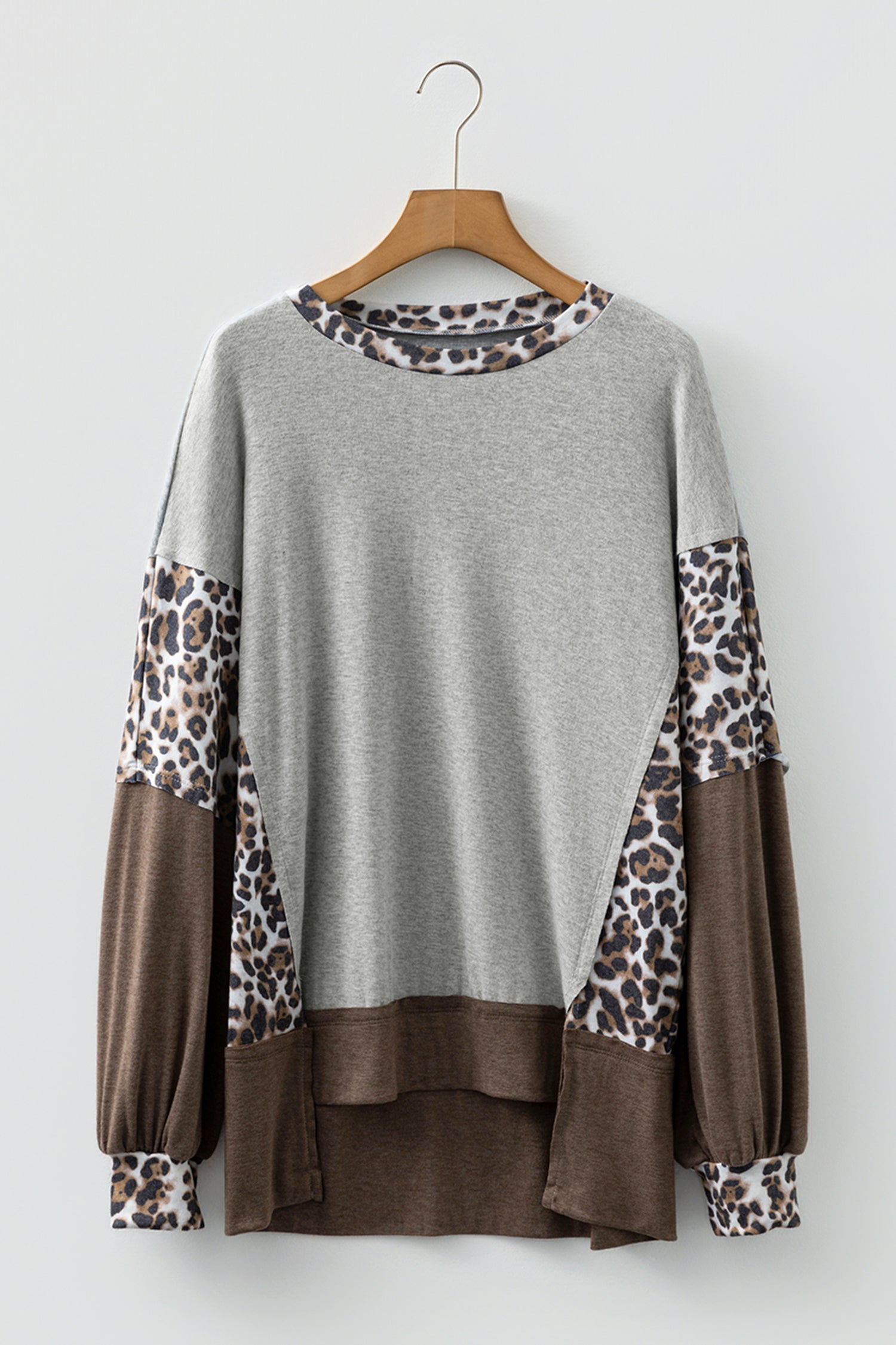Gray Plus Size Leopard Color Block Patchwork Dolman Sweatshirt