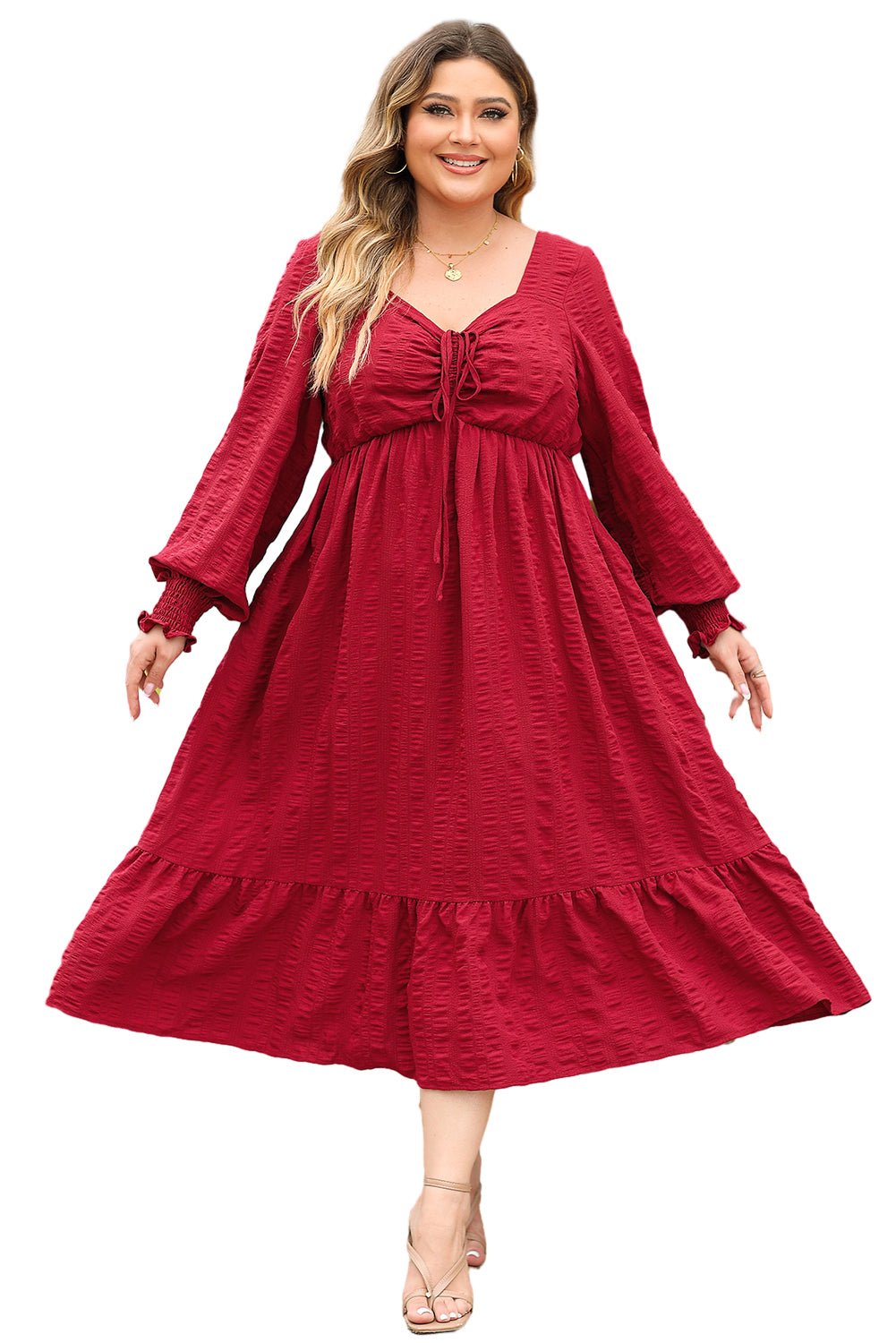Black Lace-up Ruched Front Long Sleeve Ruffle Hem Plus Size Midi Dress