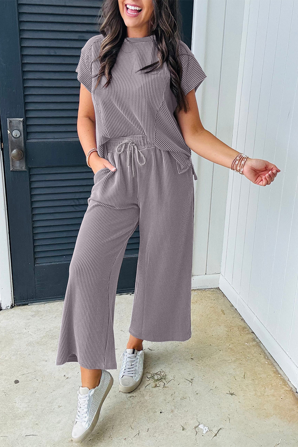 Blue Solid Corded Knit Short Sleeve T Shirt and Wide Leg Pants Set