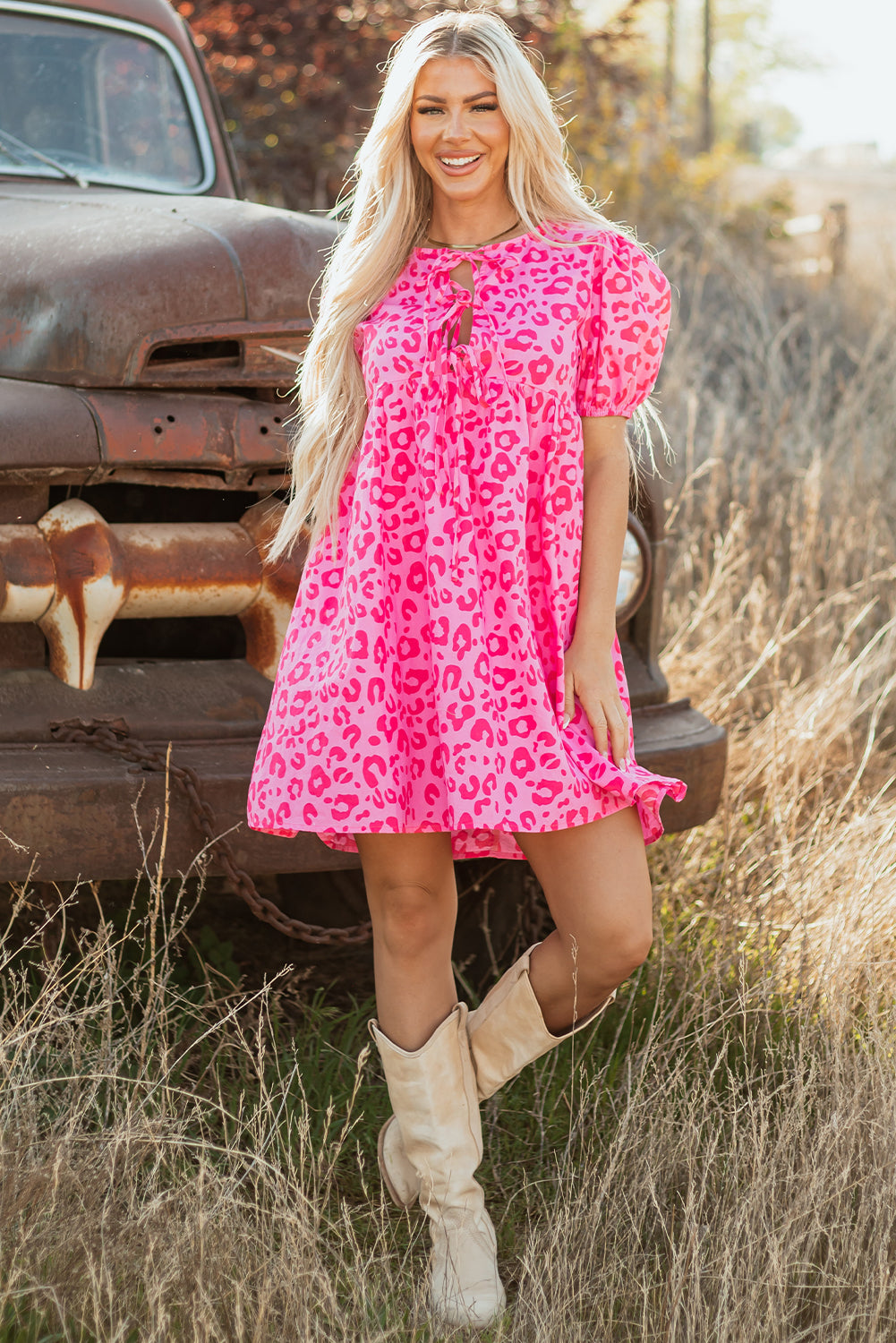 Bright Pink Solid Color Puff Sleeve Tie Front High Waist Mini Dress
