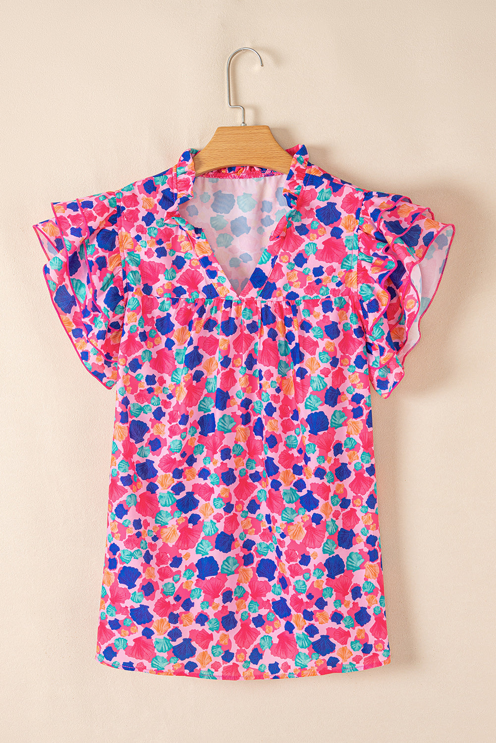 Rose Red Abstract Print Ruffled Sleeve V Neck Blouse