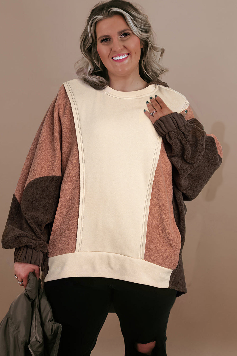 Beige Oversized Color Block Patchwork High Low Hoodie