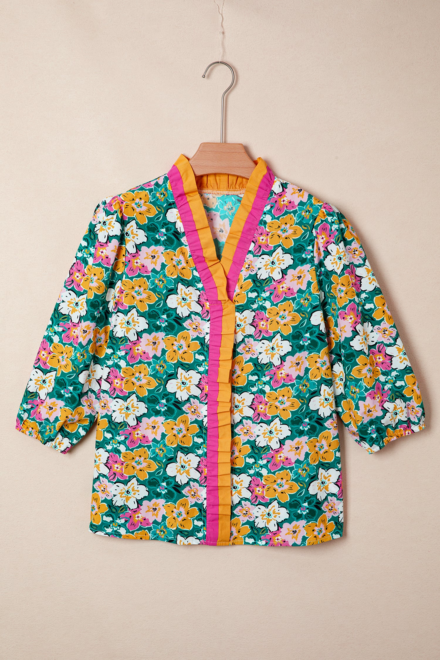 Green Floral Print Contrast Trim Frilled V Neck 3/4 Sleeve Blouse