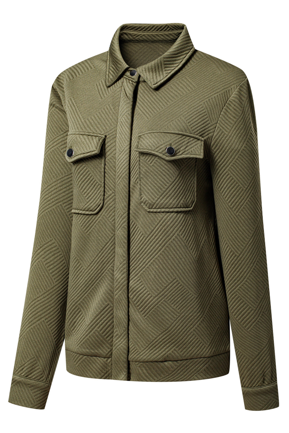 Coffee Solid Color Zip Up Button Flap Pocket Shirt Collar Jackets