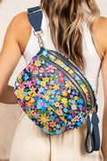 Black Floral Printed Double Zip Crossbody Bag