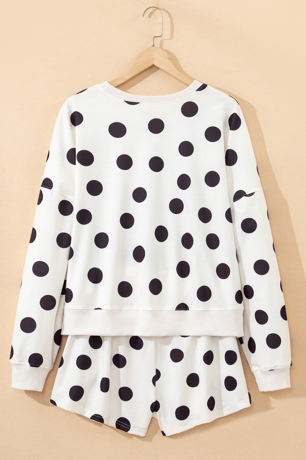 Beige Polka Dot Print Drop Shoulder Pullover Drawstring Jogger Pant Set