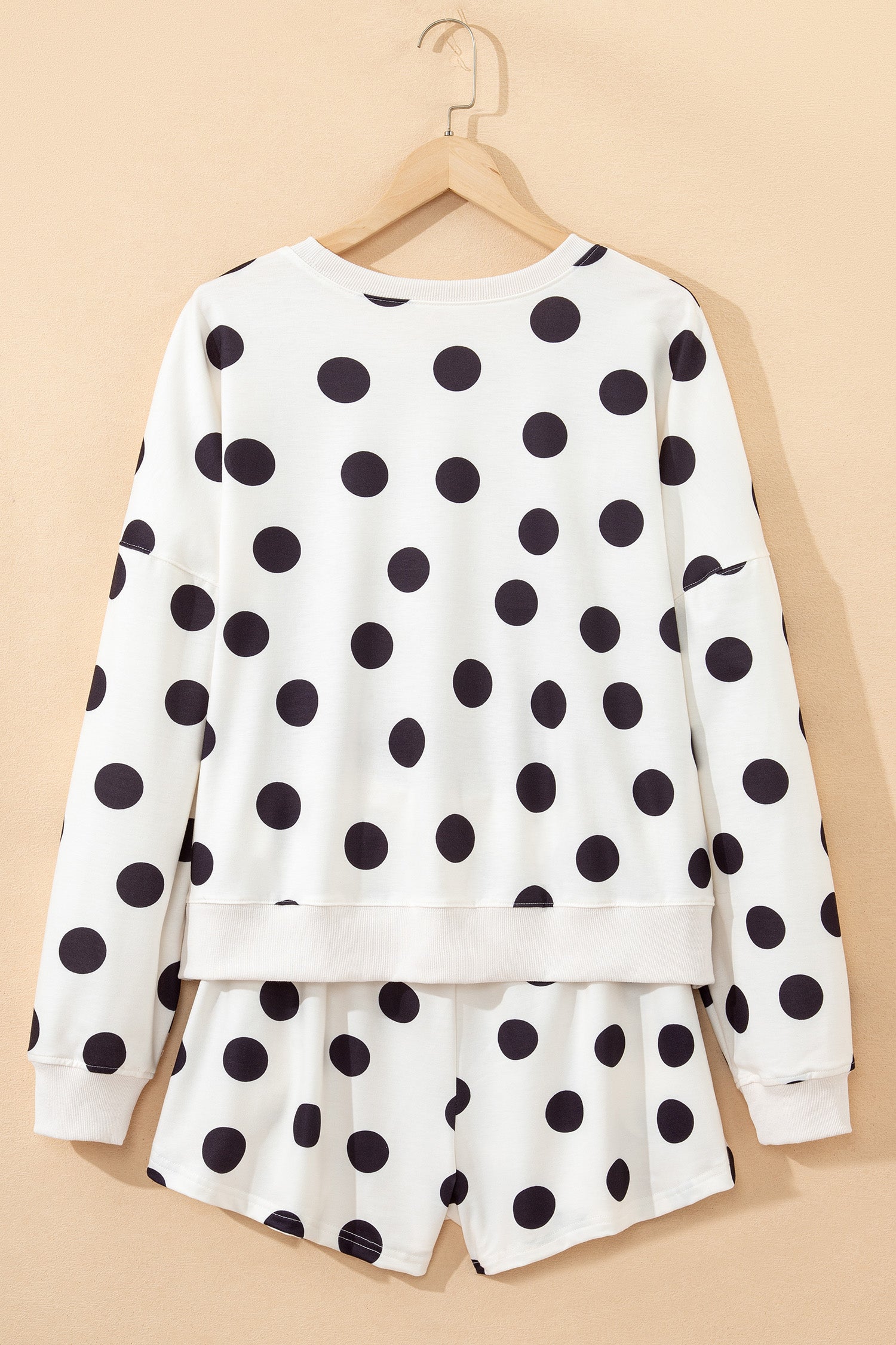 Beige Polka Dot Print Drop Shoulder Pullover Drawstring Jogger Pant Set