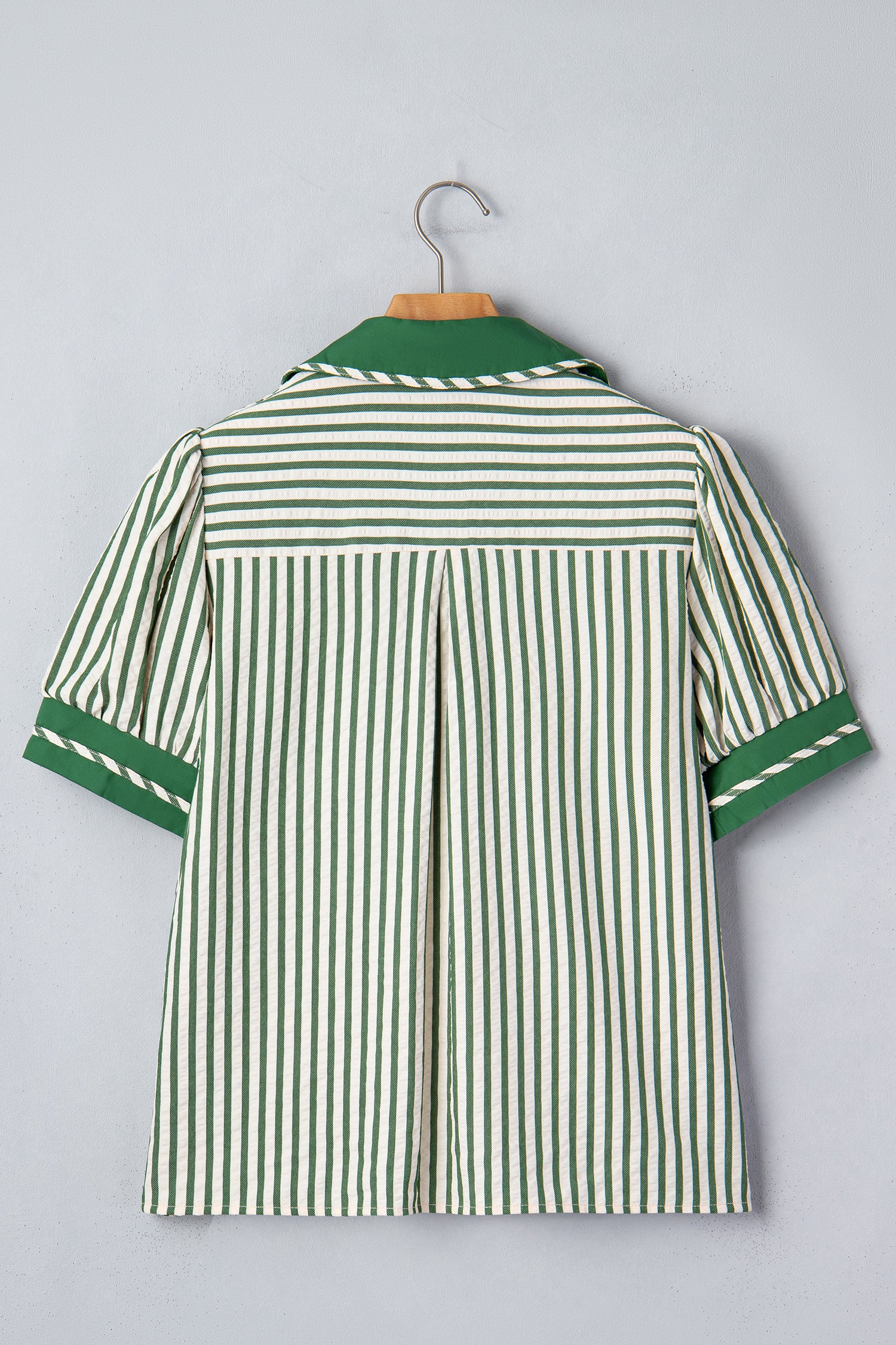 Black Stripe Collared Split Neck Short Bubble Sleeve Blouse