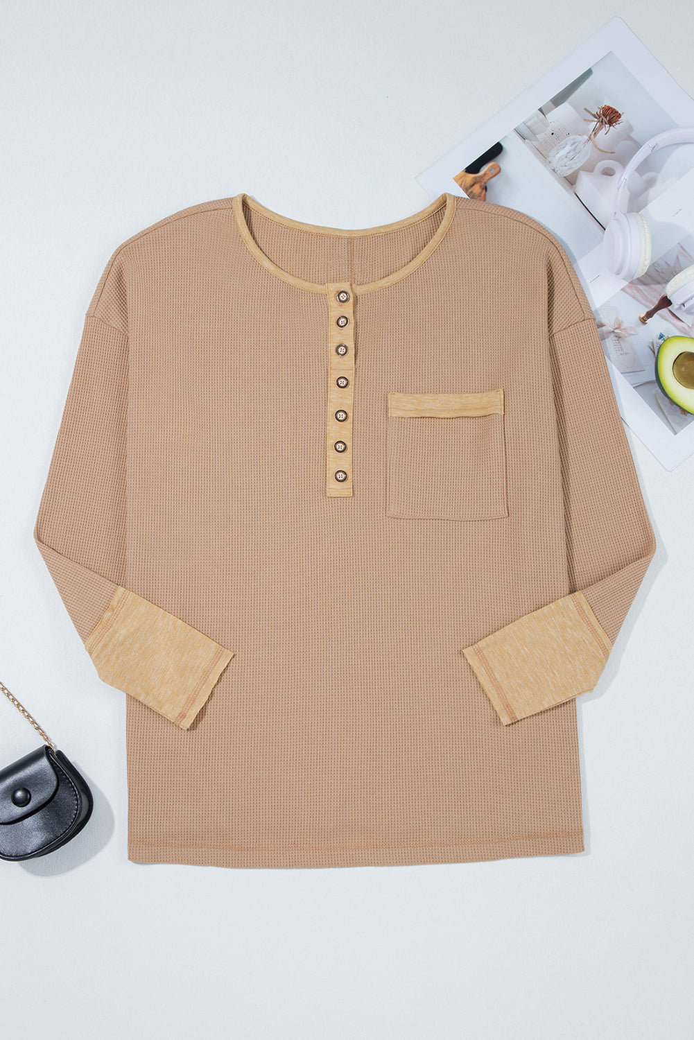 Vineyard Green Color Block Waffle Textured Tunic Henley Top with Slits