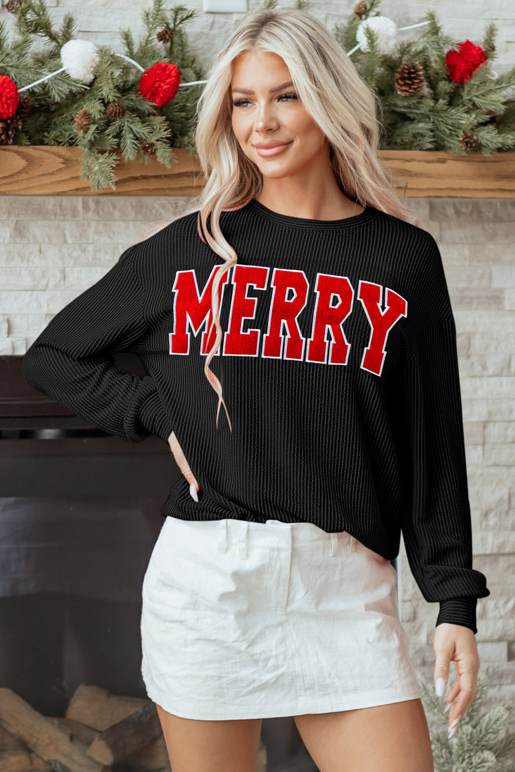Black MERRY Corded Long Sleeve Top and Pockets Pants Set