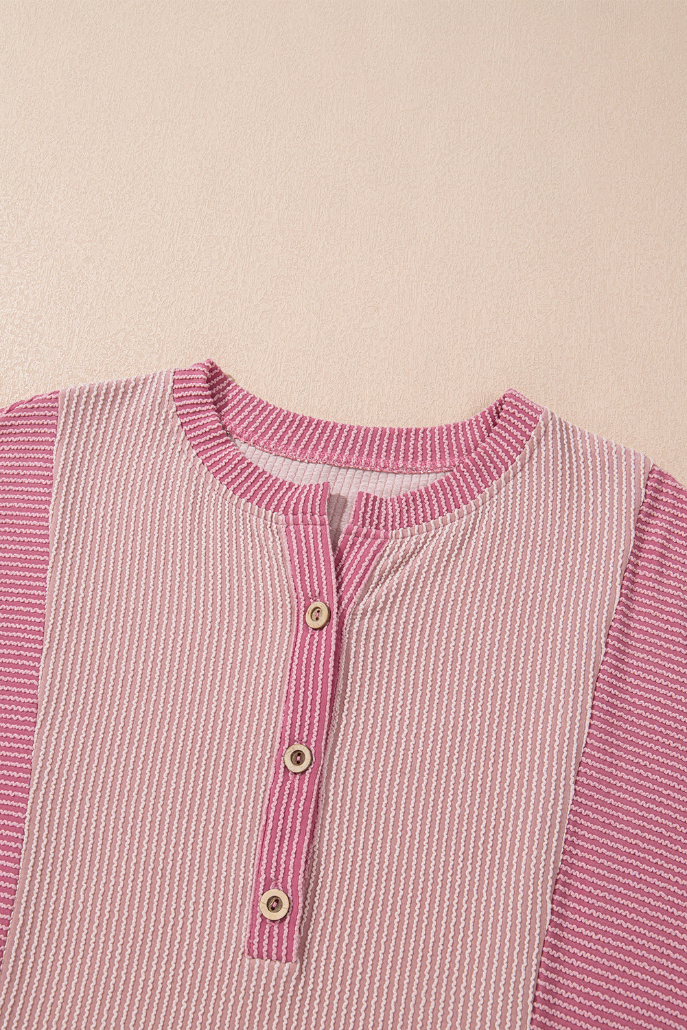 Pink Corded Colorblock Half Placket Pullover Sweatshirt