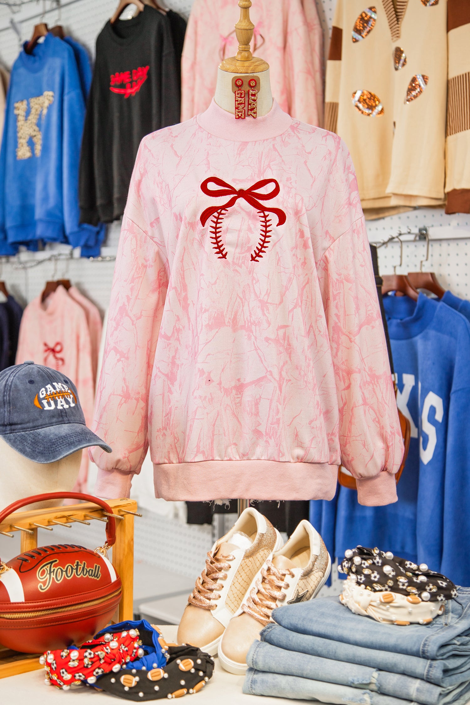 Pink Tie Dye Camo Sequin Love Heart Patched Mock Neck Sweatshirt