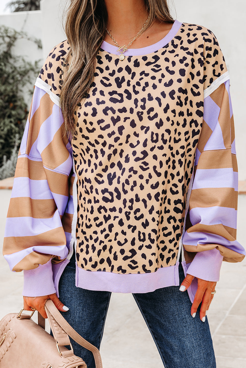 Khaki Leopard Striped Patchwork Plus Size Loose Sweatshirt