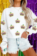 White Sequin Mardi Gras Crown Dropped Shoulder Sweatshirt