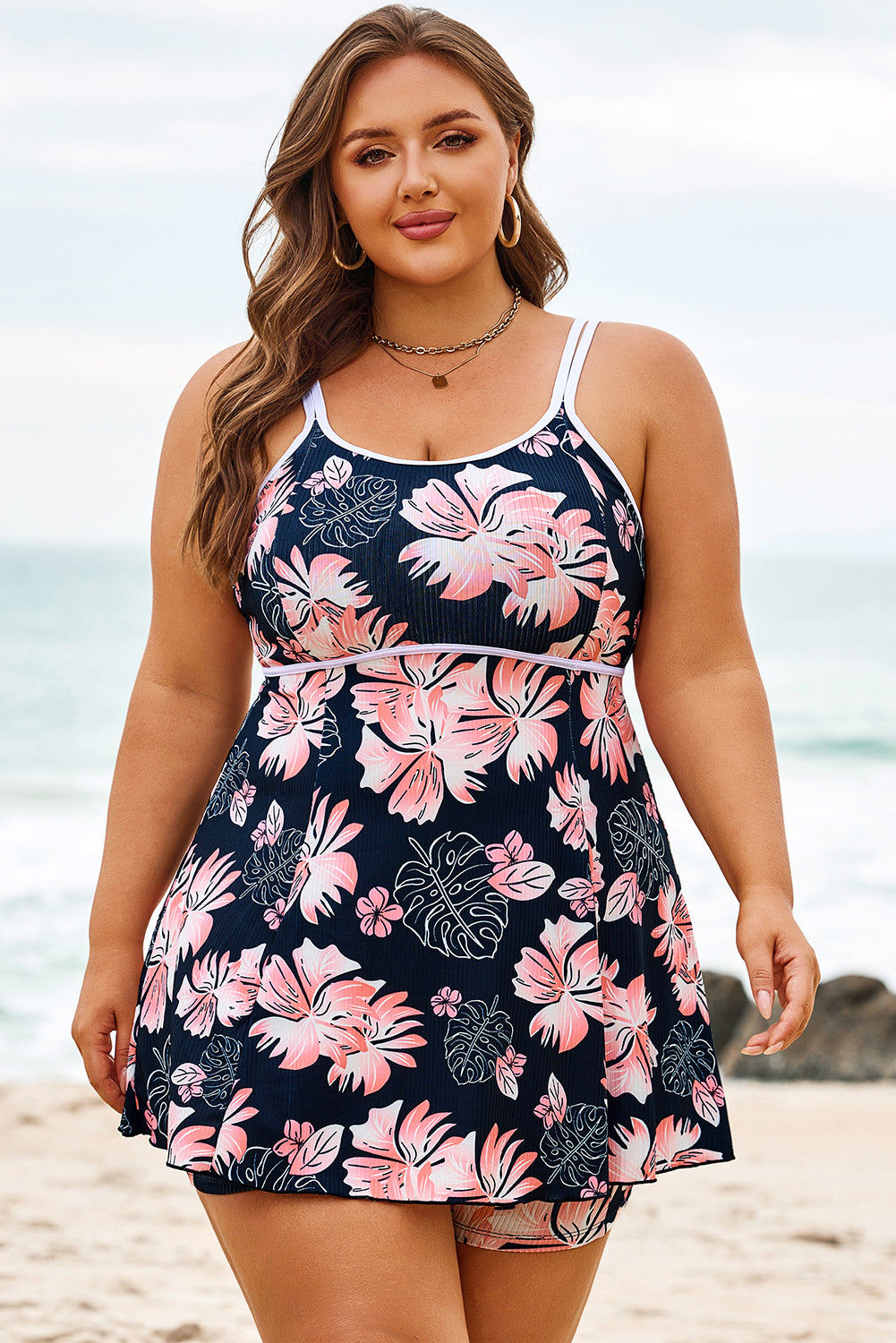 Skobeloff Plus Size Ribbed Contrast Trim Adjustable Straps 2pcs Swimsuit